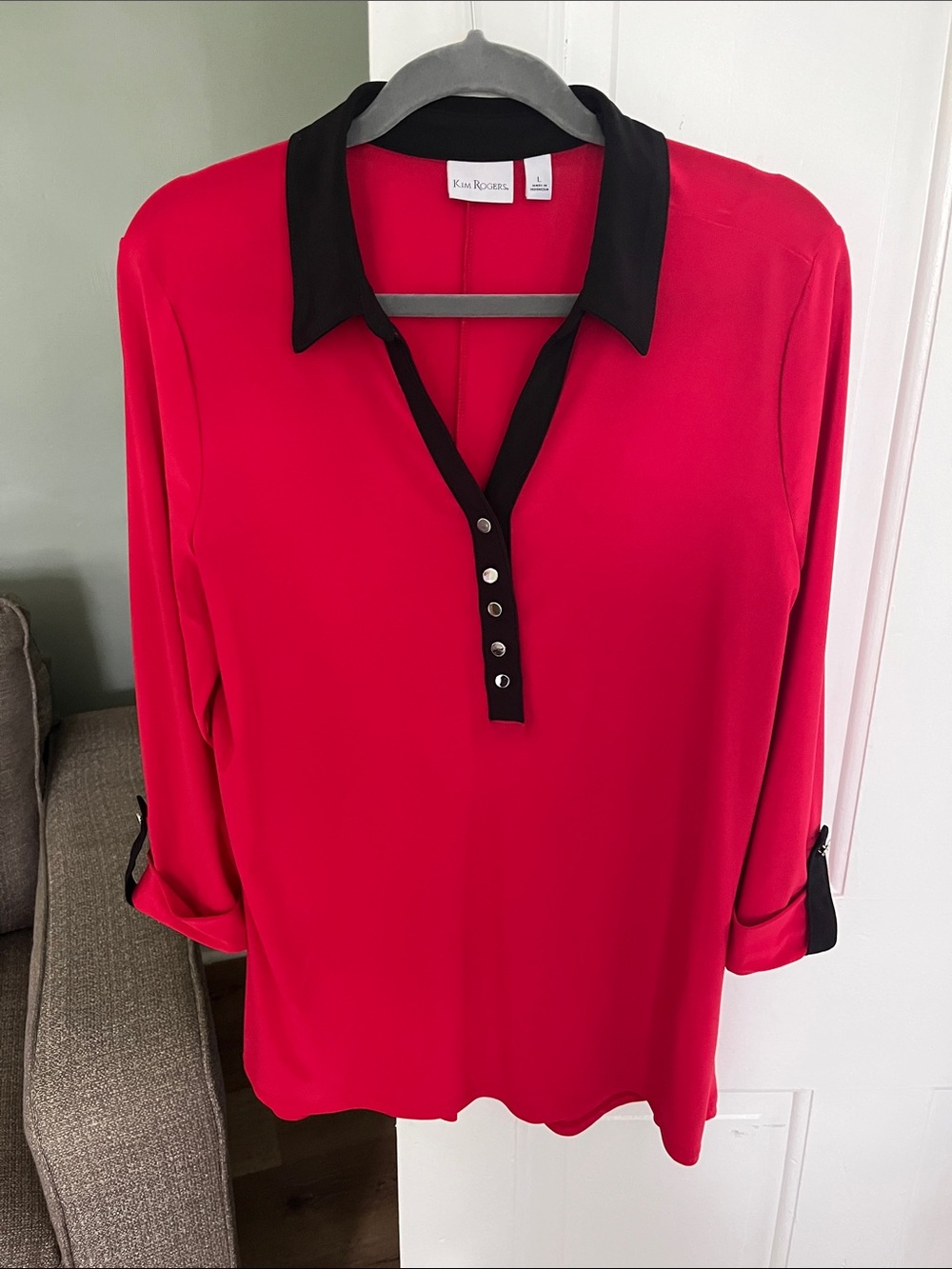 NWT size Large Kim Rogers Red Knit Top Black Trim